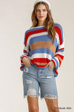 Load image into Gallery viewer, Boutique sweaters, thin women&#39;s sweaters, red white and blue striped sweaters
