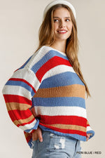 Load image into Gallery viewer, southern boutique sweater, trendy sweaters, red white and blue striped sweater
